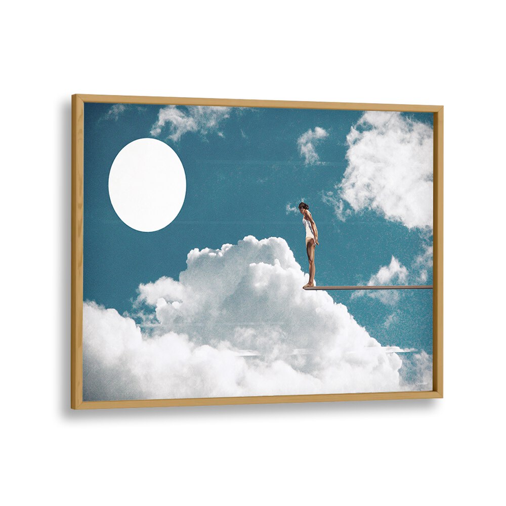 Surreal Reverie art print by Underdott captures a dreamlike scene of a figure poised above clouds under a bright moon.