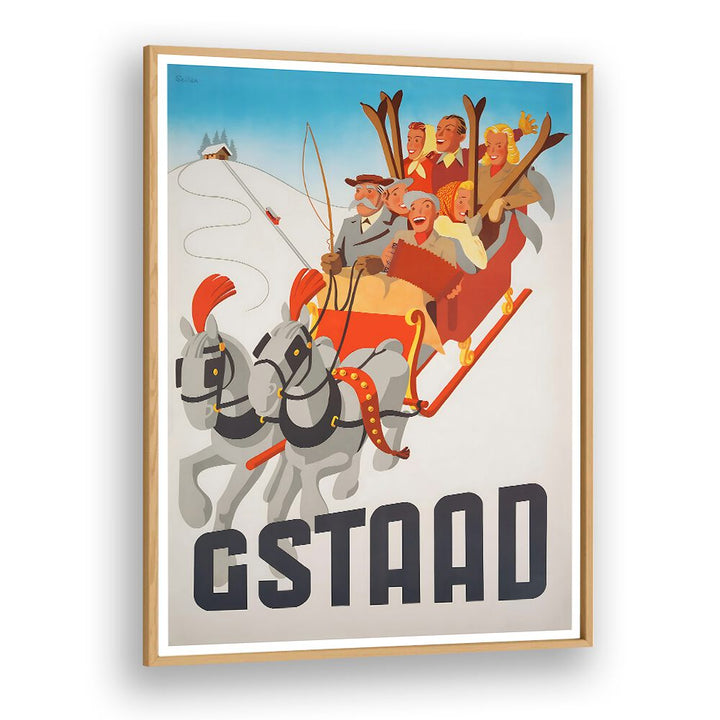 Bright and playful GSTAAD, VINTAGE TRAVEL POSTERS showcase classic Swiss Alpine charm in a vibrant design.