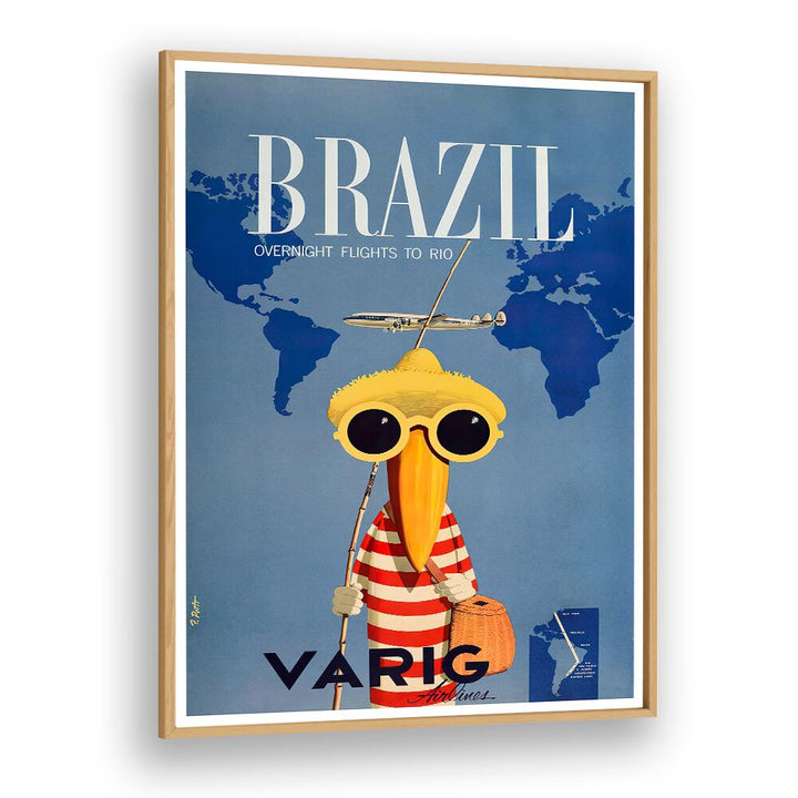 Vibrant BRAZIL I, VINTAGE TRAVEL POSTERS featuring a cheerful character promoting flights to Rio. Perfect for home decor.