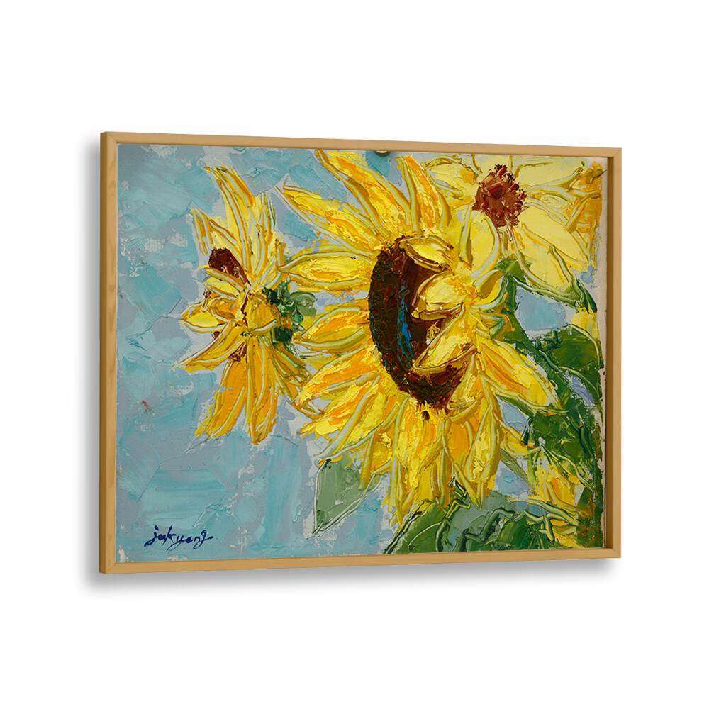 Vibrant SUN FLOWER CANVAS, FLORAL FLOWER PAINTINGS showcasing bold yellow sunflowers against a soft blue background.