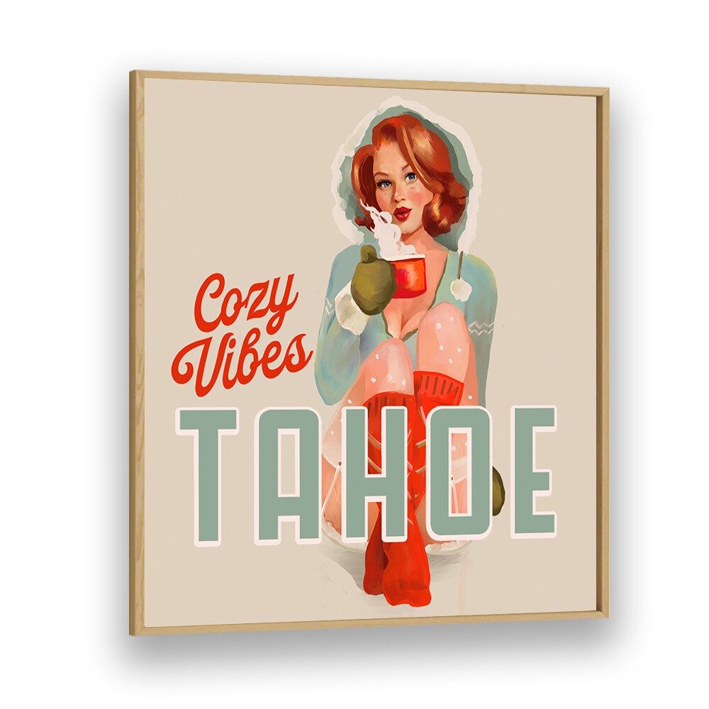 COZY VIBES, BAR art featuring a vibrant illustration of a woman enjoying a warm drink, perfect for a cozy atmosphere.