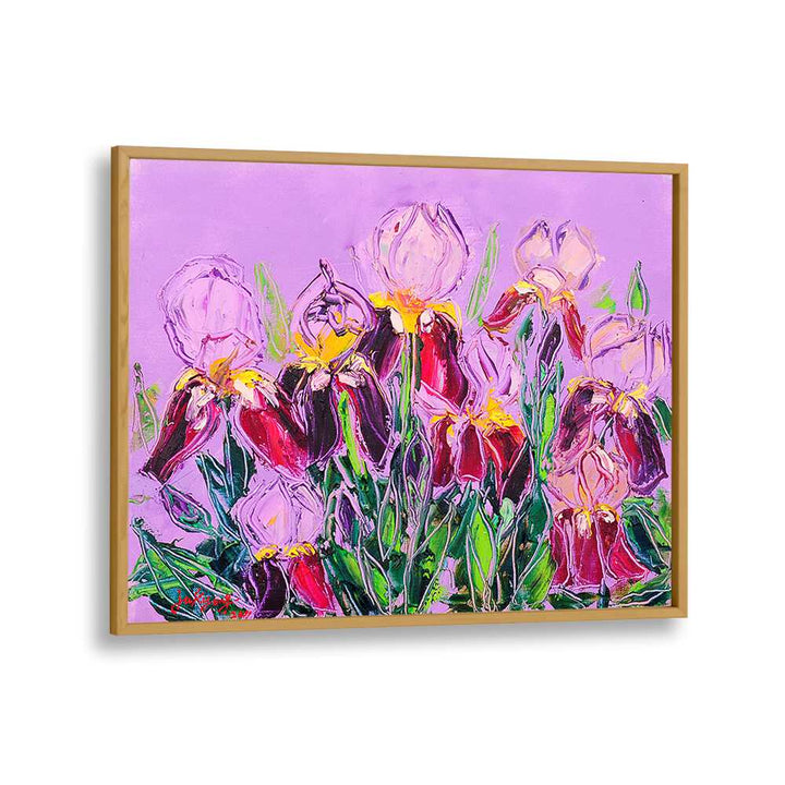 Vibrant LRISOIL ON CANVAS, FLORAL FLOWER PAINTINGS featuring colorful irises against a soft purple backdrop.