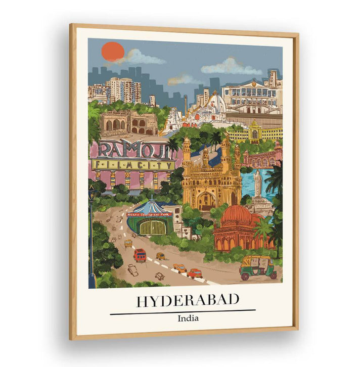 Colorful Hyderabad travel poster showcasing iconic landmarks, perfect for wall art by Saumya Agarwal. Ideal for Hyderabad, travel posters.