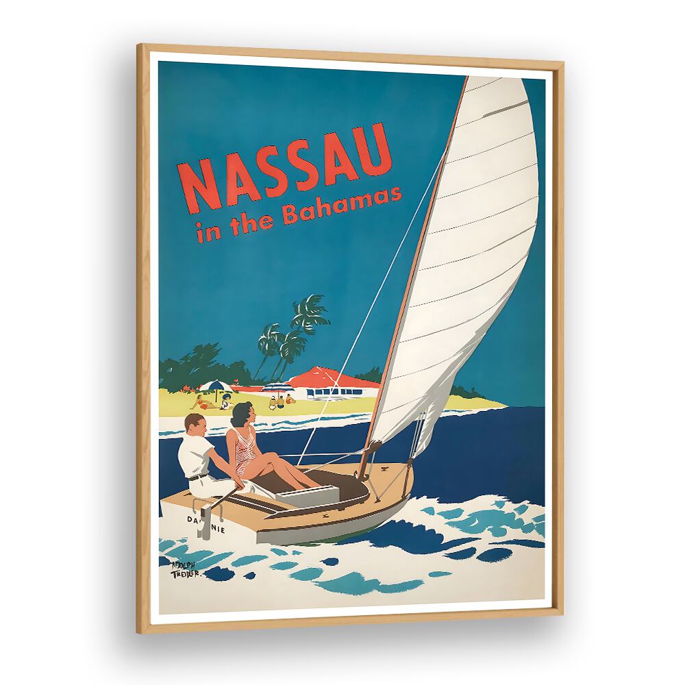 NASSAU I, VINTAGE TRAVEL POSTERS capture Caribbean charm with a vibrant sailing scene, perfect for travel enthusiasts.