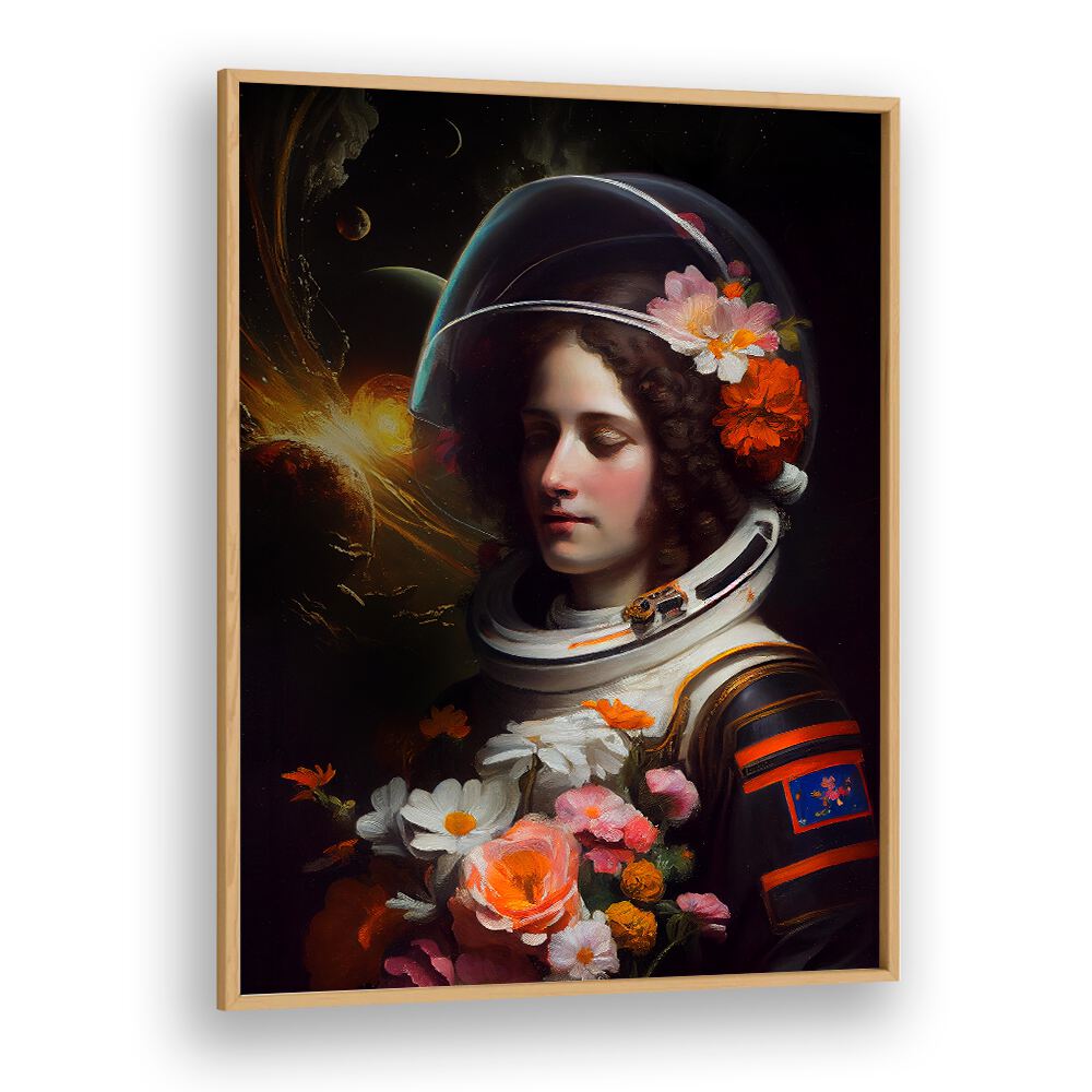 Stunning ASTRONAUT BEAUTY, ALTERED ART PRINTS by Dikhotomy blend cosmic grandeur with vibrant floral elements.