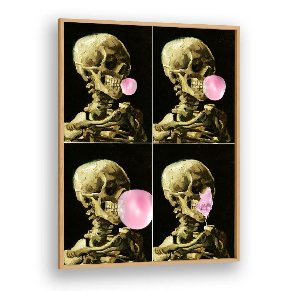 Skull Gum Explosion, altered art prints by Dikhotomy, feature a skeleton blowing bubblegum in vibrant colors.