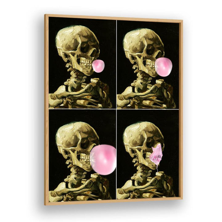 Skull Gum Explosion, altered art prints by Dikhotomy, feature a skeleton blowing bubblegum in vibrant colors.
