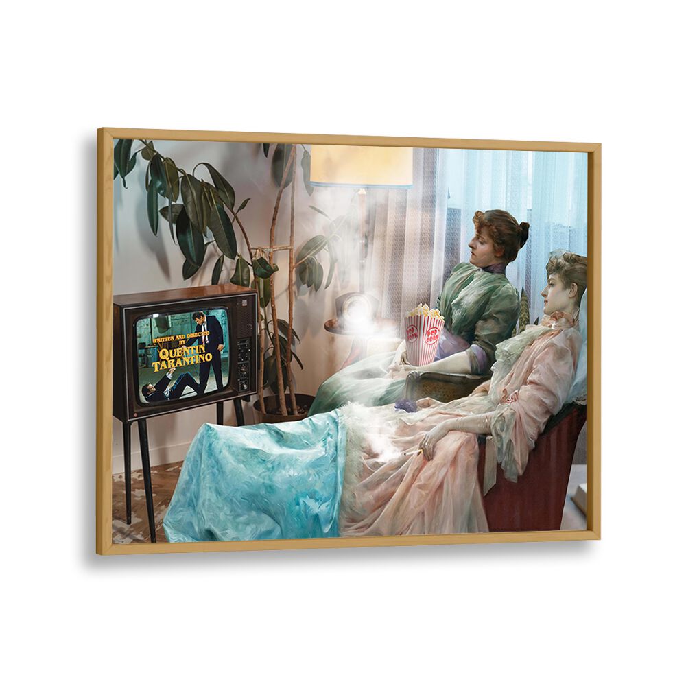 A whimsical scene featuring vintage dolls watching TV, showcasing THE MOVIE BEGINS, ALTERED ART PRINTS by Dikhotomy.