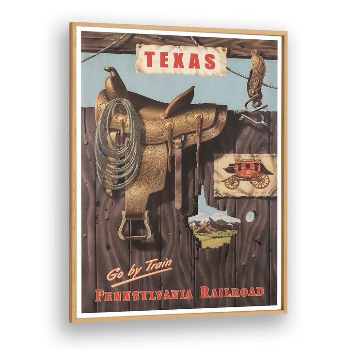 Explore the charm of TEXAS I, VINTAGE TRAVEL POSTERS featuring a classic Western saddle and vibrant Texan imagery.
