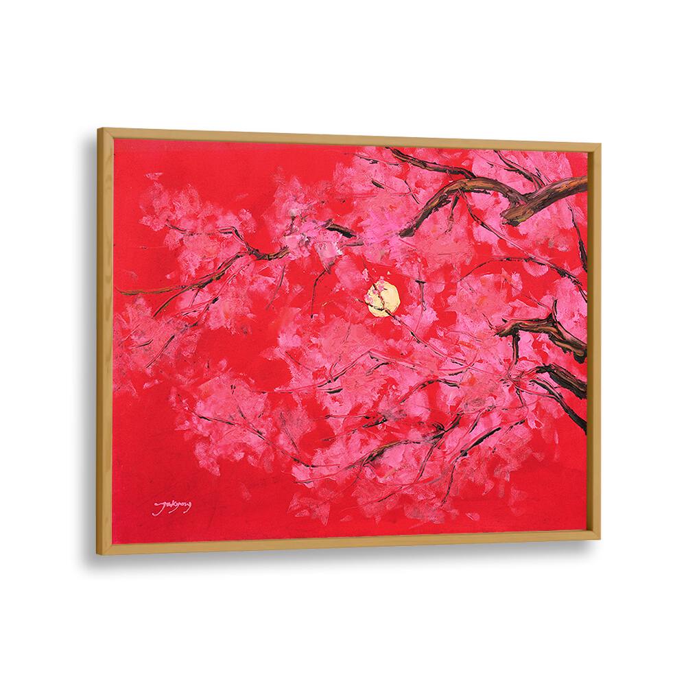 Vibrant REDMOON, FLORAL FLOWER PAINTINGS featuring blooming pink flowers against a bold red background.