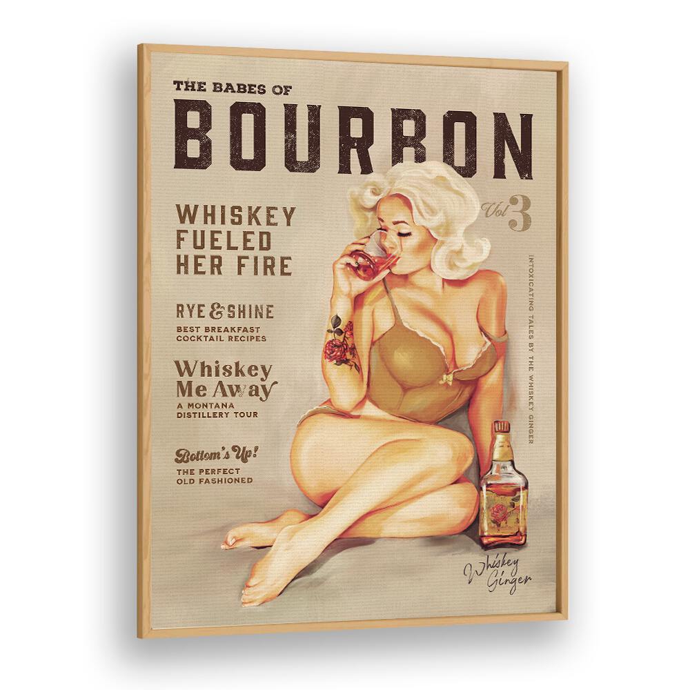 Vintage BOURBON GIRL, BAR art featuring a seductive pin-up enjoying whiskey, perfect for elevating any bar space.
