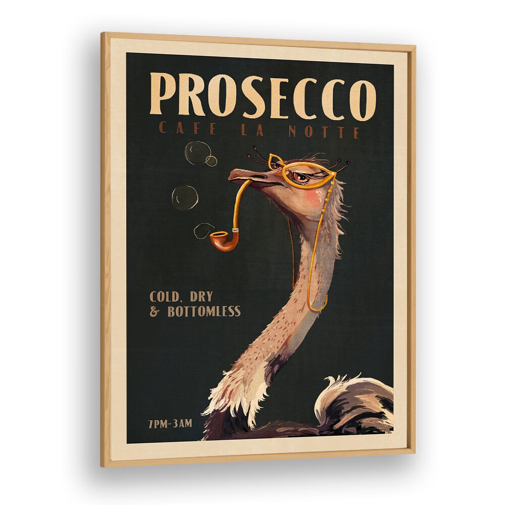 Art Deco Prosecco, Bar wall art featuring a stylish ostrich, perfect for elevating café decor.