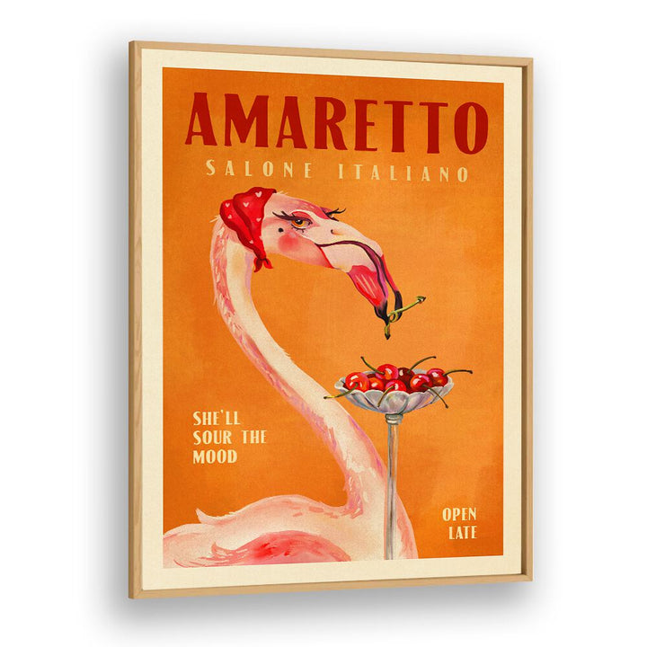 Vibrant AMARETTO FLAMINGO, BAR art print captures Italian café charm, perfect for stylish home décor.