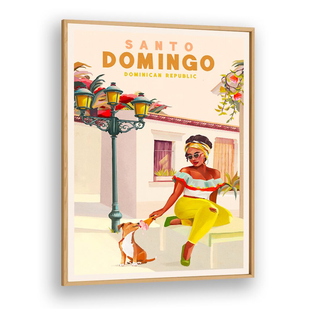 Vibrant SANTO DOMINGO, TRAVEL POSTERS showcasing a woman and dog, celebrating Dominican culture and artistry.