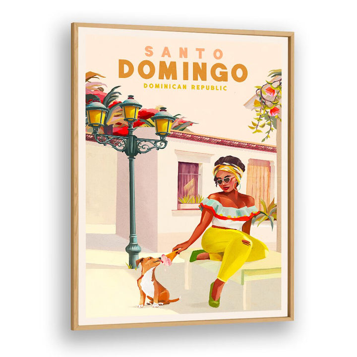 Vibrant SANTO DOMINGO, TRAVEL POSTERS showcasing a woman and dog, celebrating Dominican culture and artistry.