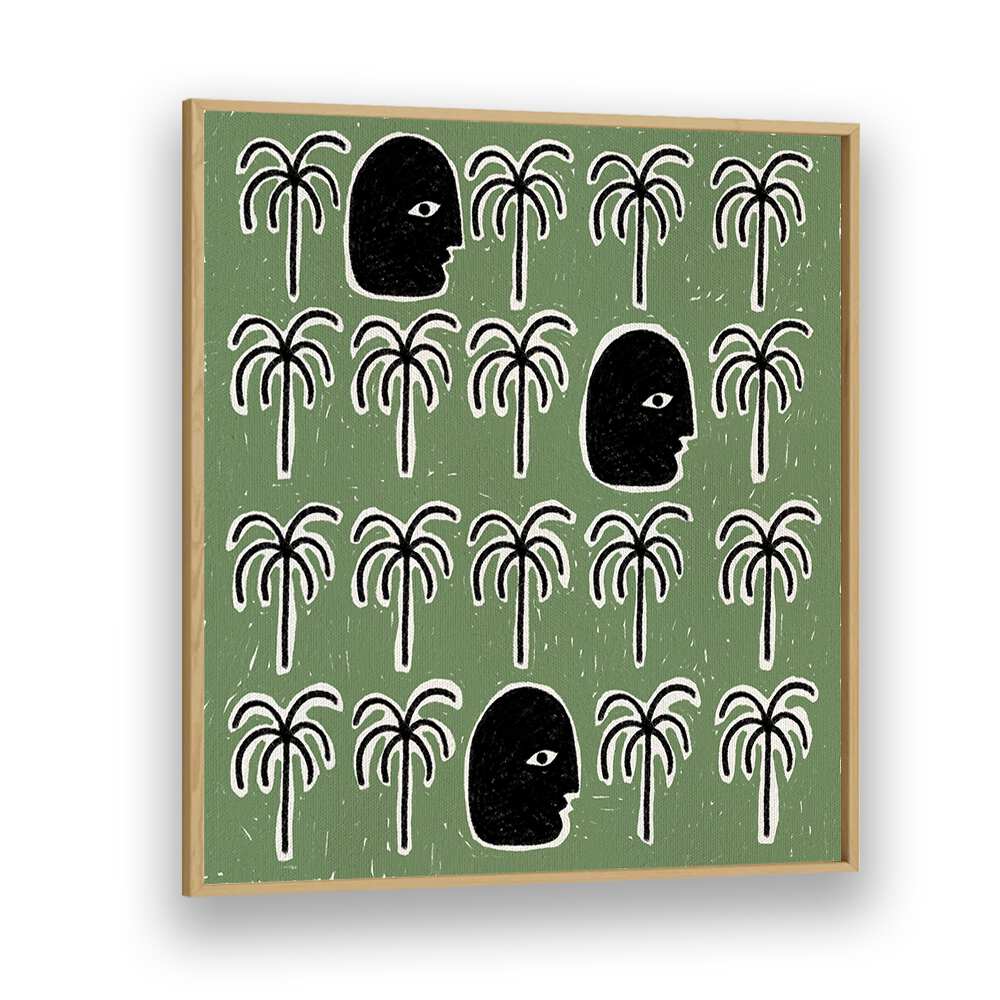 Boho art painting “THE SONG OF SPIRITS” featuring serene palm trees and faces, perfect for tranquil home decor.