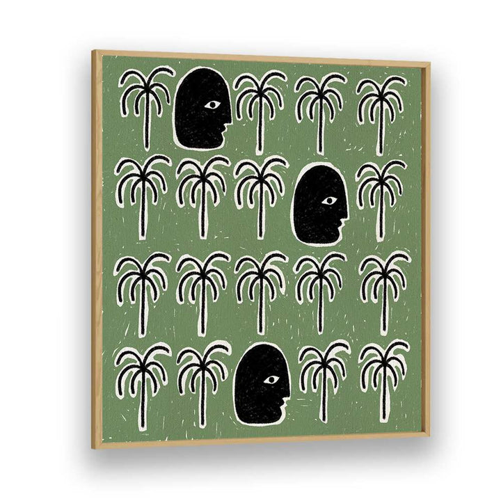 Boho art painting “THE SONG OF SPIRITS” featuring serene palm trees and faces, perfect for tranquil home decor.