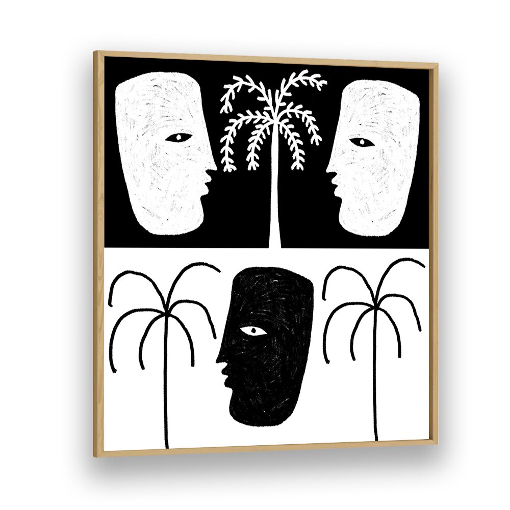Bold black and white faces with palm trees create a striking design in YEARNING I, BOHO ART PAINTINGS collection.