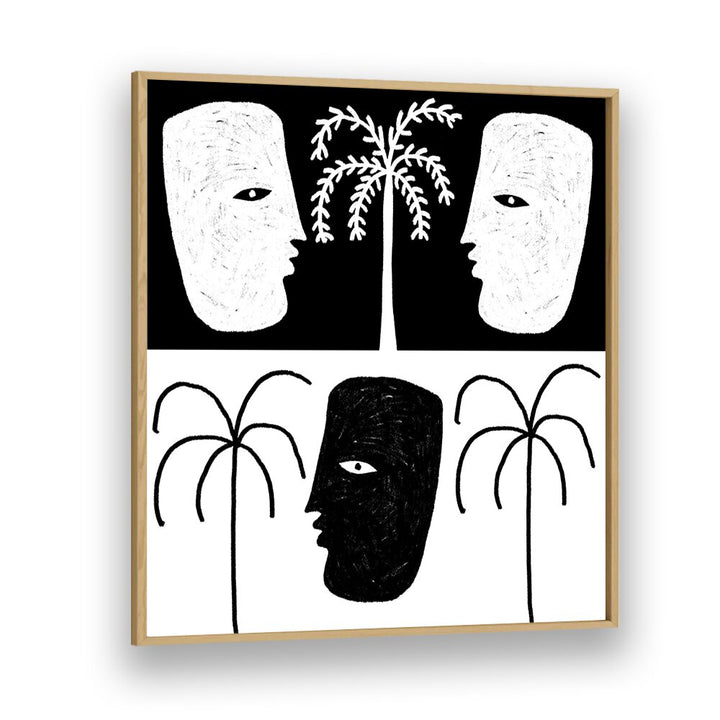 Bold black and white faces with palm trees create a striking design in YEARNING I, BOHO ART PAINTINGS collection.