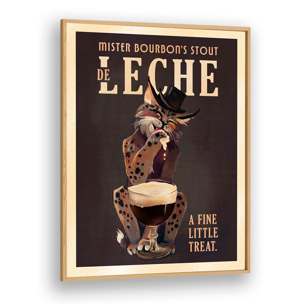 Quirky BOURBON CAT, BAR art featuring a stylish feline with a Guinness-inspired drink, perfect for cat and beer lovers.