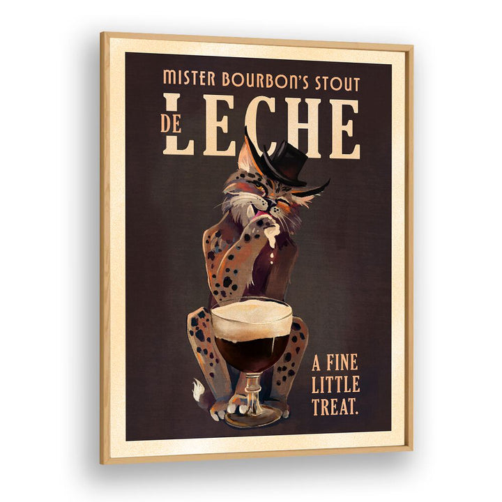 Quirky BOURBON CAT, BAR art featuring a stylish feline with a Guinness-inspired drink, perfect for cat and beer lovers.