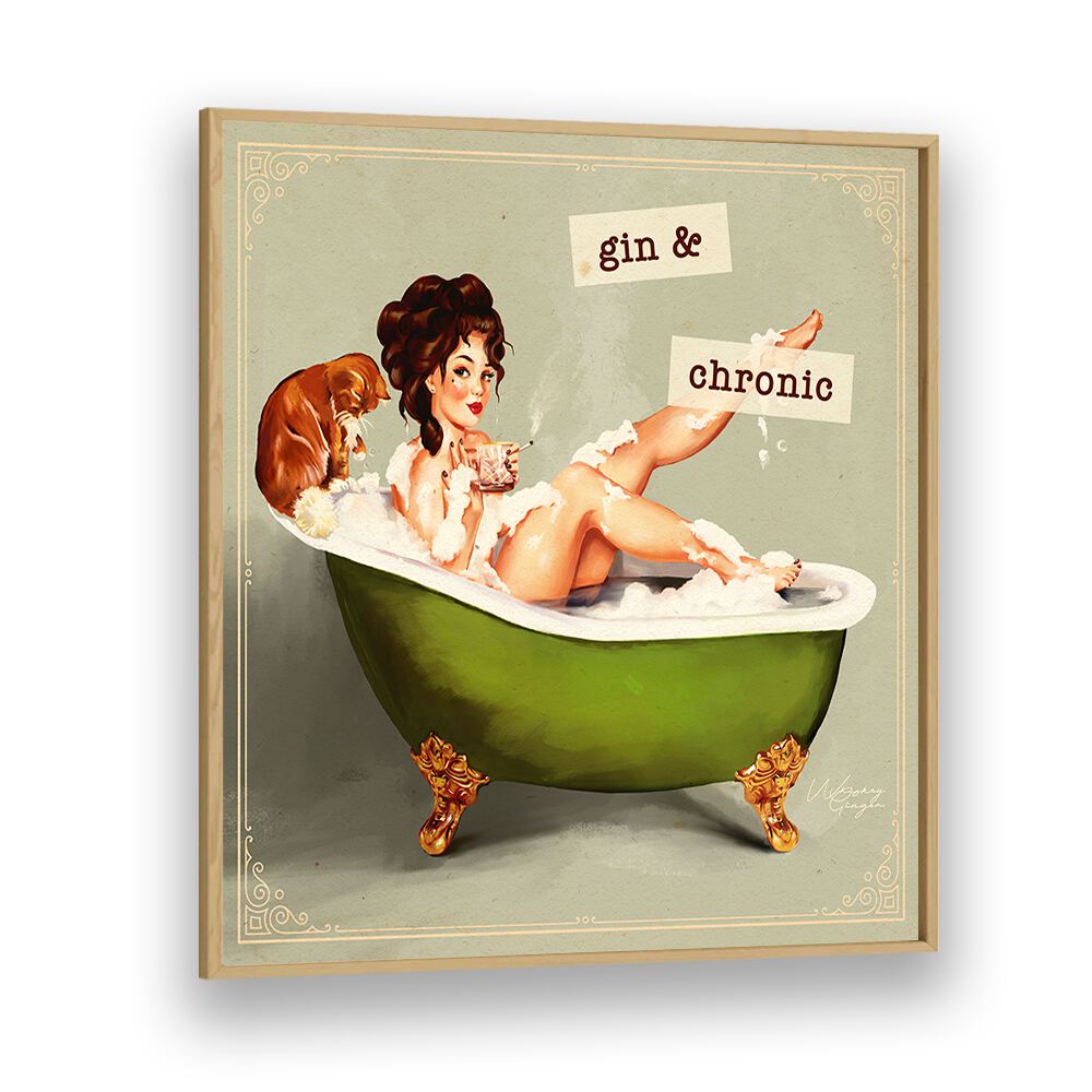 Whimsical GIN AND CHRONIC, PORTRAITS featuring a woman in a bath, embodying elegance and bold artistic expression.