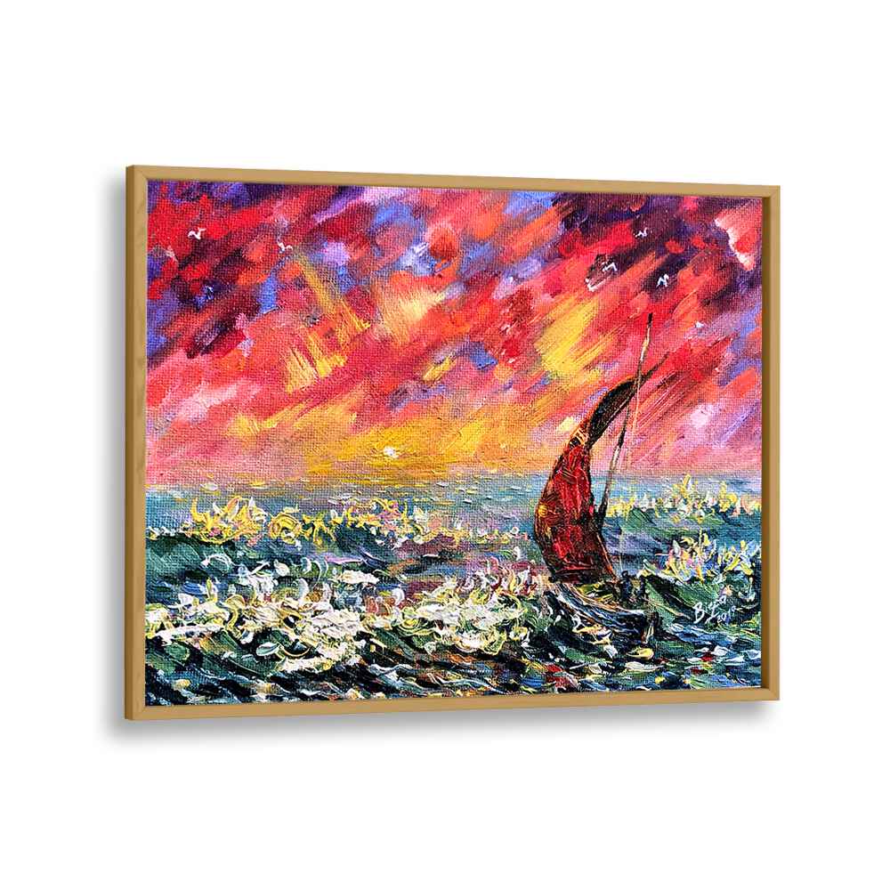 Vibrant RED SKY BOAT, LANDSCAPE PAINTINGS showcase serene nature with a stunning red sky and tranquil waters.