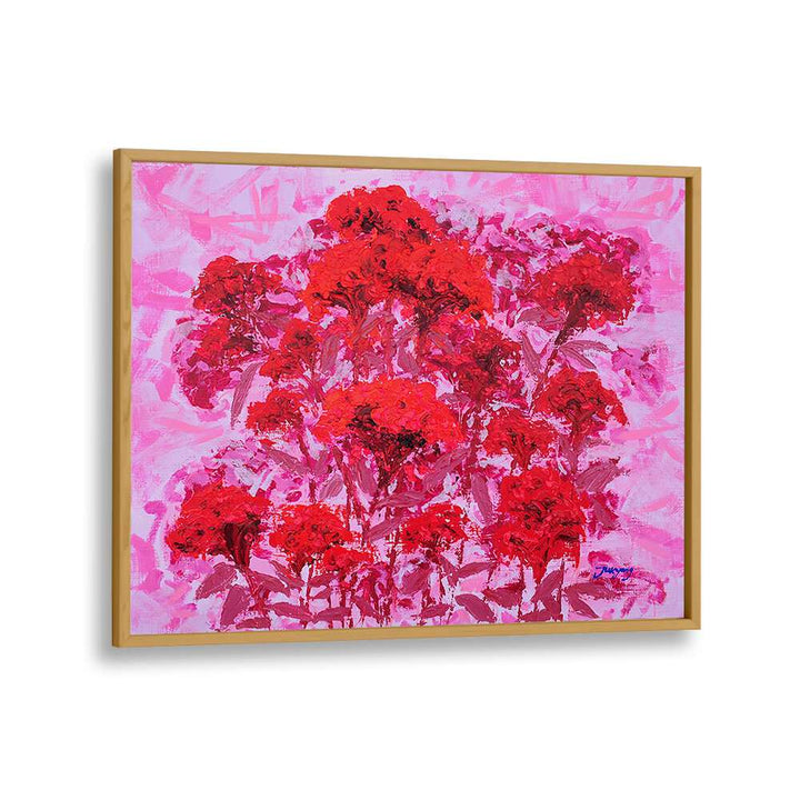 Vibrant COCKSCOMB CANVAS, FLORAL FLOWER PAINTINGS featuring red blooms on a soft pink background, perfect for decor.