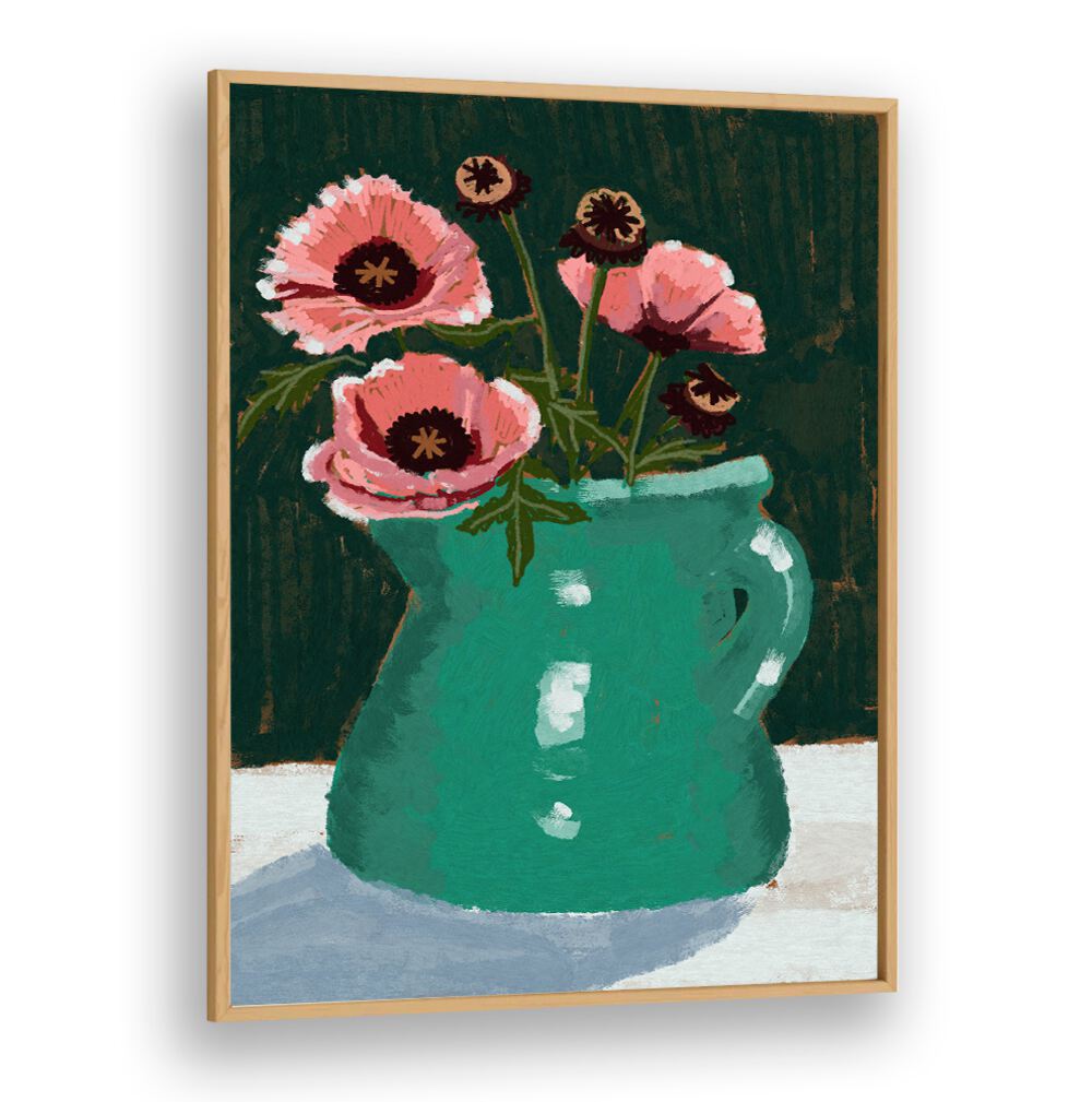 LITTLE GREEN JUG WITH POPPIES, FLORAL FLOWER PAINTINGS displayed beautifully against a dark background. Perfect for your decor.
