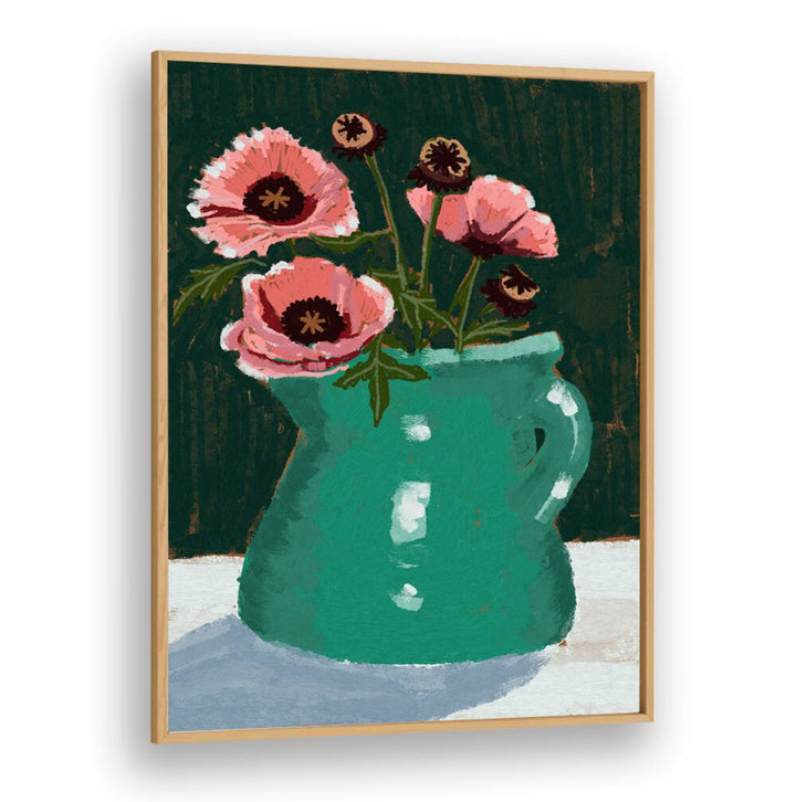 LITTLE GREEN JUG WITH POPPIES, FLORAL FLOWER PAINTINGS displayed beautifully against a dark background. Perfect for your decor.