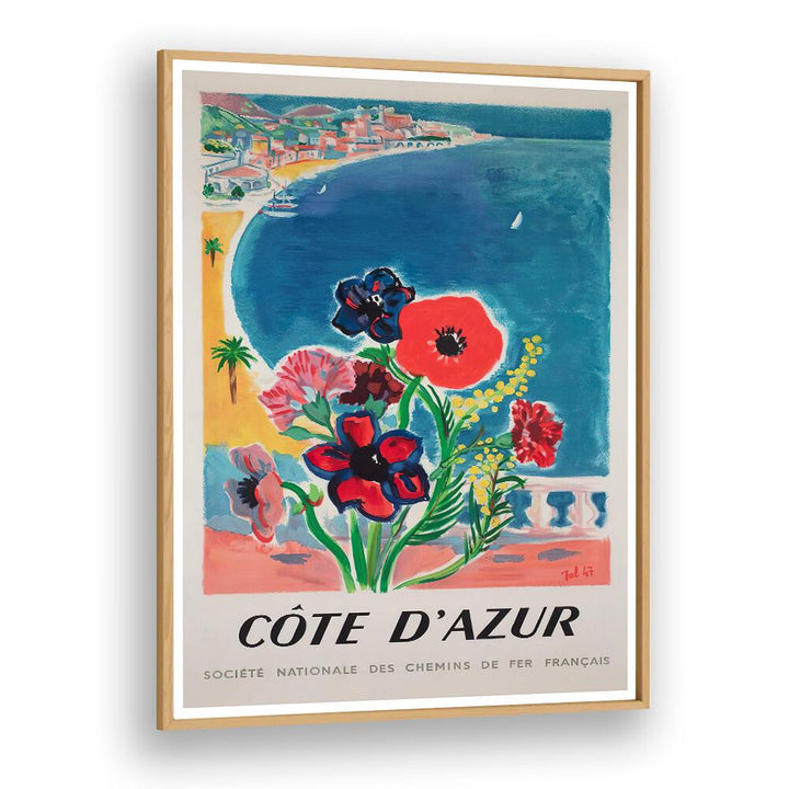COTE D'AZUR, VINTAGE TRAVEL POSTERS feature vibrant flowers and a stunning coastal scene, capturing French Riviera charm.
