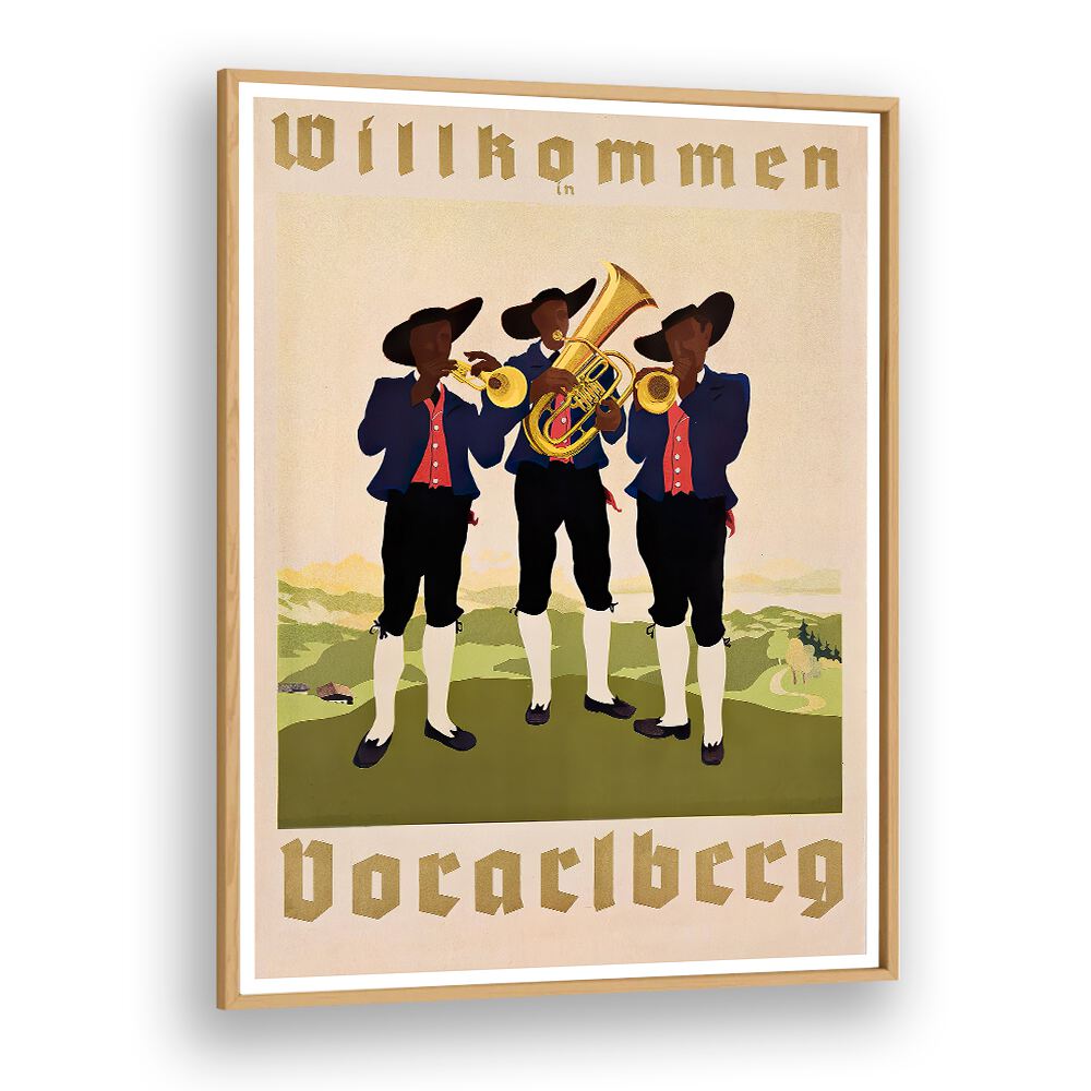 Vintage travel poster featuring musicians with "WILLHOMMEN" text, perfect for adding charm to any space.