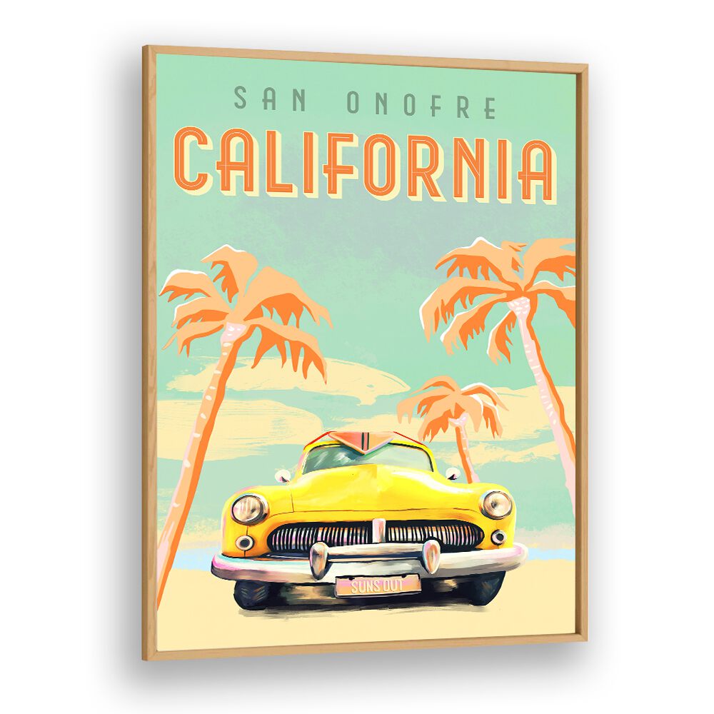 Bright yellow car under palm trees in a vibrant California Surf travel poster, capturing ocean adventure spirit.