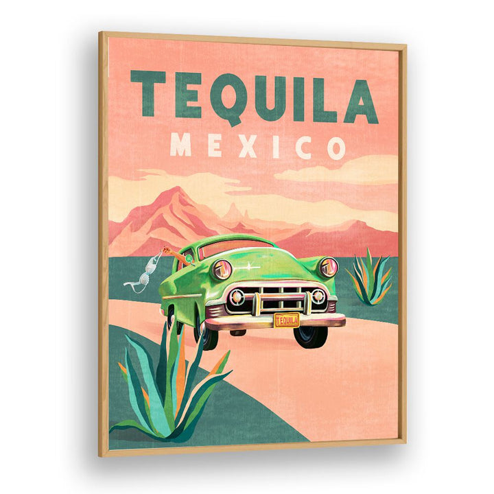 Vibrant TEQUILA MEXICO, TRAVEL POSTERS showcasing a classic car against a colorful desert backdrop, perfect for decor.