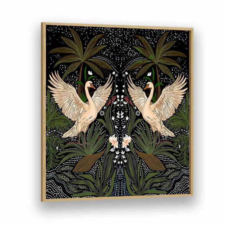 Elegant SWAN DANCE, FLORAL FLOWER PAINTINGS featuring graceful swans amidst lush greenery for a serene decor touch.