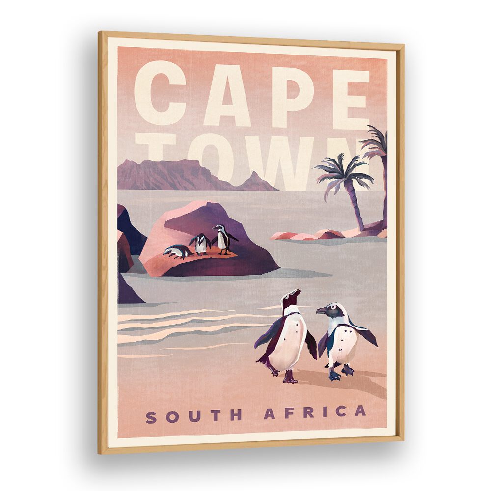 Vintage poster showcasing CAPE TOWN SOUTH AFRICA, TRAVEL POSTERS with charming penguins and scenic landscapes.