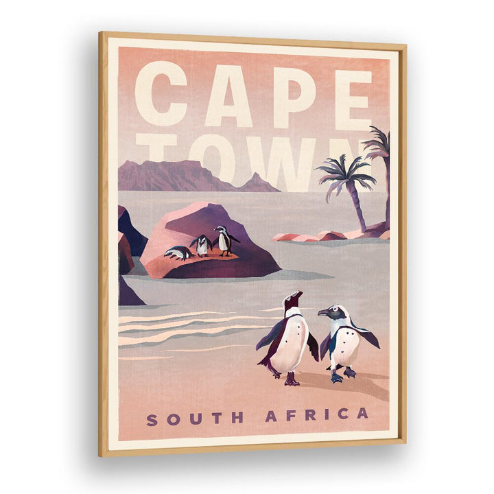 Vintage poster showcasing CAPE TOWN SOUTH AFRICA, TRAVEL POSTERS with charming penguins and scenic landscapes.