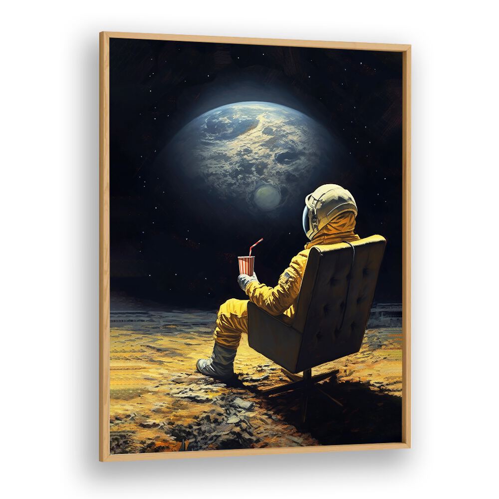 Explore the surreal beauty of the MOON BREAK, ALTERED ART PRINTS by Dikhotomy, featuring an astronaut in a cosmic scene.