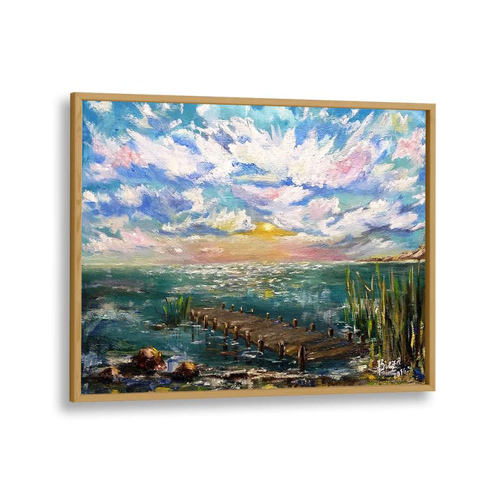 Colorful sunset over a serene lake and dock, showcasing HAPPY DAY, LANDSCAPE PAINTINGS for vibrant home decor.