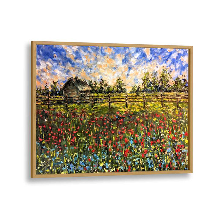 Vibrant COUNTRYSIDE, LANDSCAPE PAINTINGS featuring a charming cottage and colorful wildflowers for serene decor.