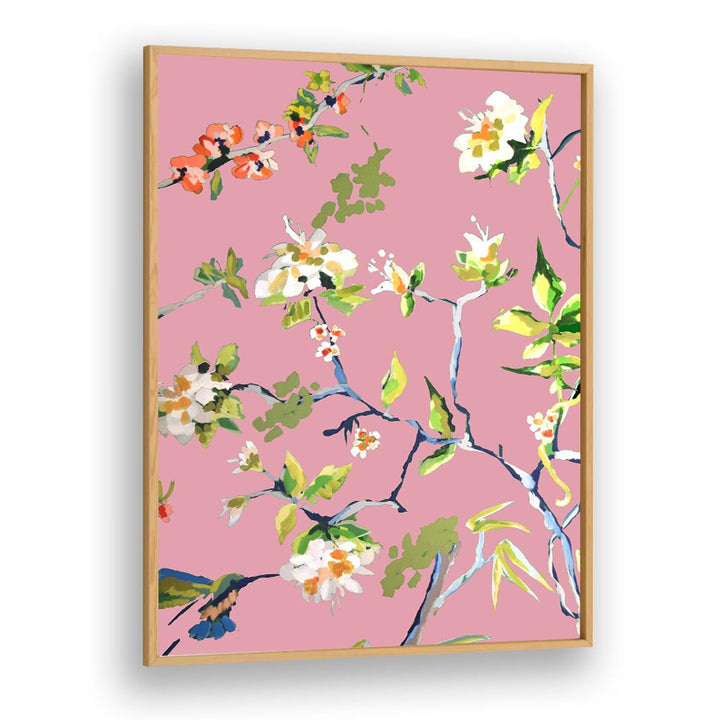 Vibrant DINING ROOM WALLS PINK I, FLORAL FLOWER PAINTINGS showcase abstract blooms on pink, enhancing any decor.