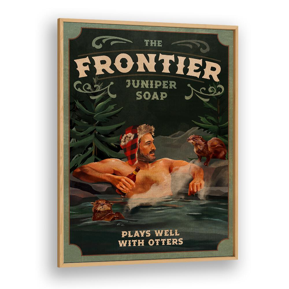 Frontier man relaxing with otters in a rustic bar setting, perfect for adding charm to your space.