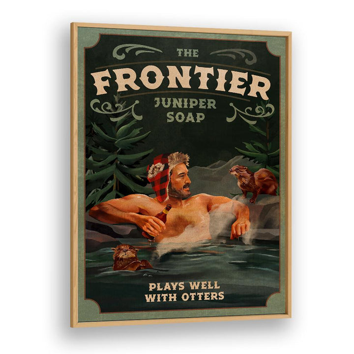Frontier man relaxing with otters in a rustic bar setting, perfect for adding charm to your space.