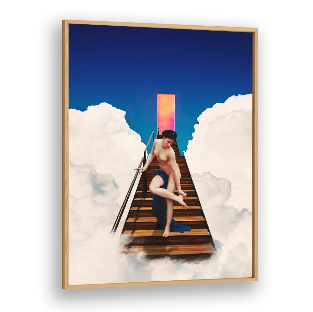 Stunning STAIRCASE TO HEAVEN, ALTERED ART PRINTS featuring a figure on a surreal staircase among clouds. Perfect for any space.