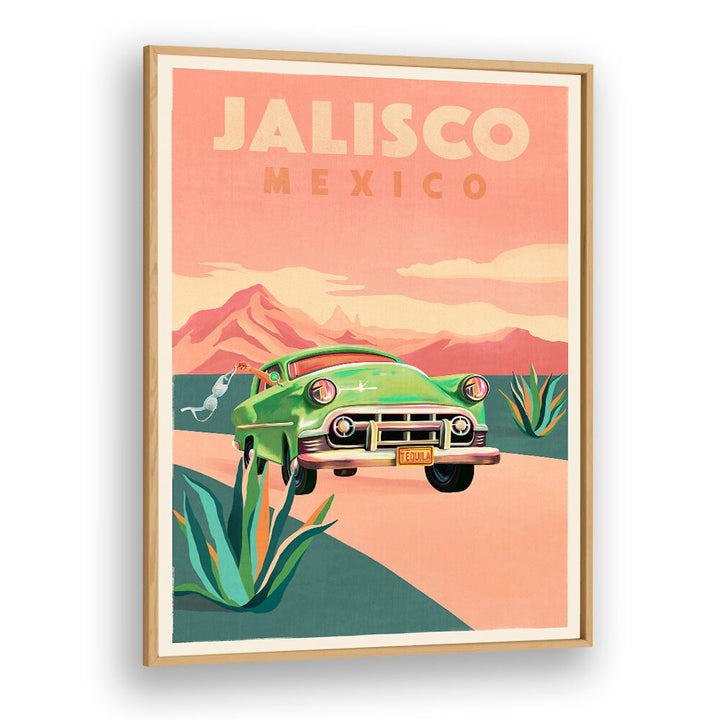 Vintage Jalisco Mexico travel poster featuring a classic green car amidst vibrant landscapes, perfect for decor.