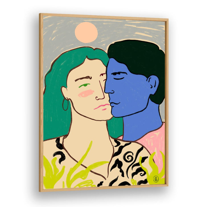 Couple embracing under a moonlit sky in the LOVERS UNDER THE MOON, VIBRANT art print collection. Perfect for any space!