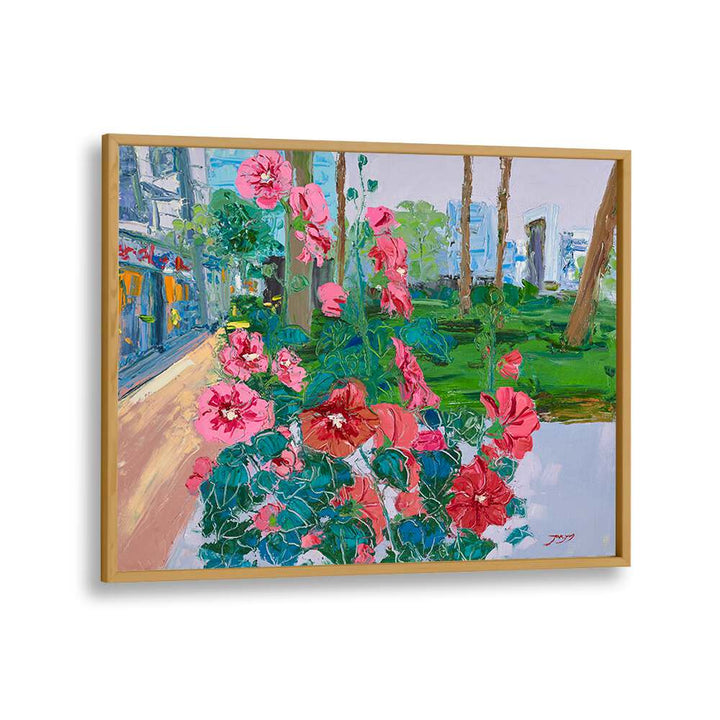 Vibrant pink flowers bloom in a lush setting, featured in floral flower paintings by Oakwood.