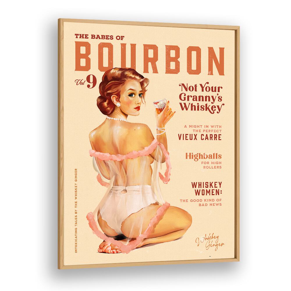 Vintage WHISKEY BABES, BAR art featuring a charming pinup girl celebrating bourbon culture. Perfect for any bar decor.