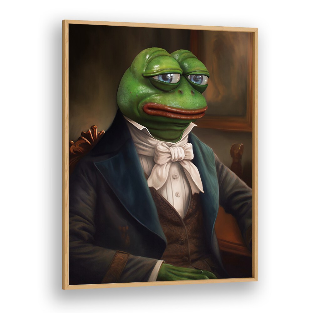 SIR PEPE, ALTERED ART PRINTS from DIKHOTOMY features a whimsical frog in formal attire for unique decor.