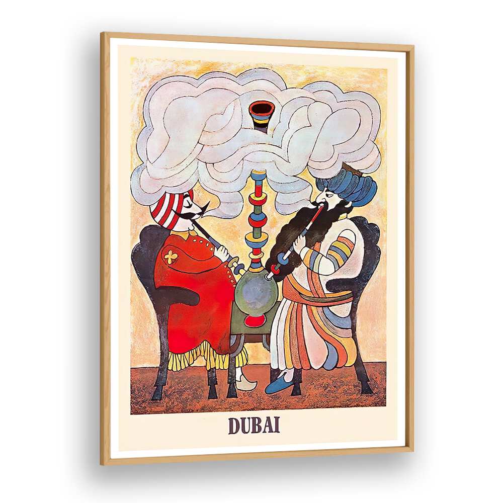Colorful DUBAI I, VINTAGE TRAVEL POSTERS featuring two men enjoying a hookah, perfect for adding elegance to any space.
